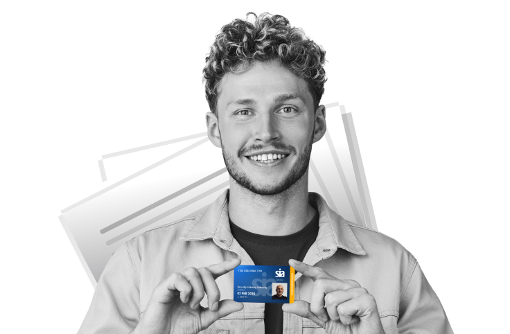 Man Holding SIA Licence Card with Required Documents in Background